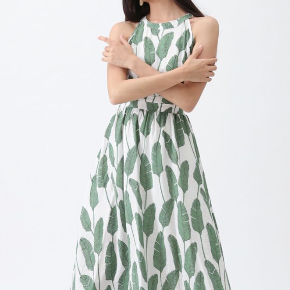 Palm Leaf Print Halter Neck Dress